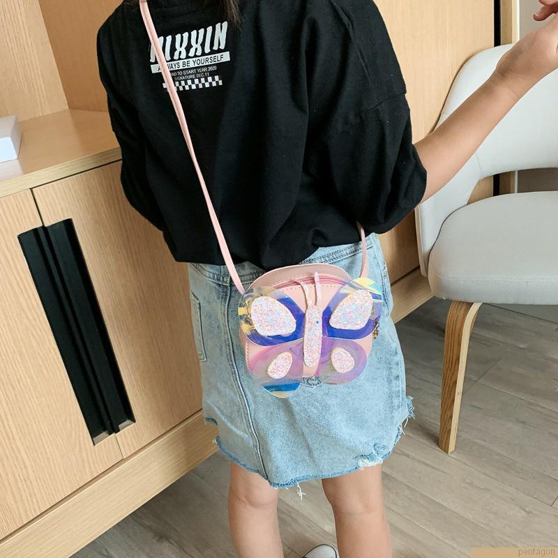 Túi đeo chéo mini bằng da PU đính sequin hình bướm dễ thương cho bé gái