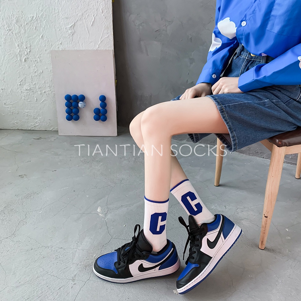 TIAN TIAN T166 Vớ Cotton Trơn Cổ Vừa In Caro Màu Xanh Dương Thời Trang Xuân Thu Dễ Phối Đồ Phong Cách Thể Thao Ngoài Trời Dành Cho Bạn Nữ