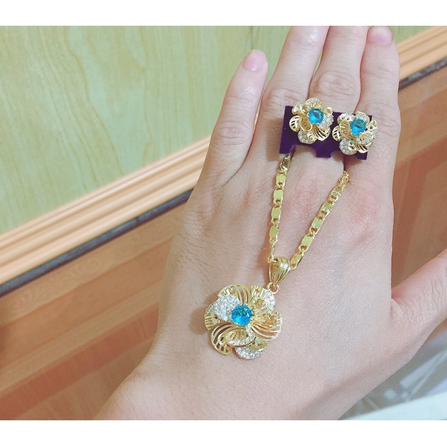 Sét Dây Chuyền Bông Tai Hoa Mai Mạ Vàng 18K Cao Cấp 3 màu xanh , đỏ, trắng