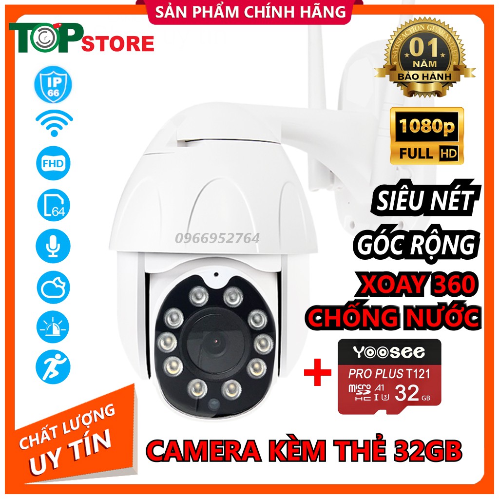 [Mã ELMS4 giảm 7% đơn 500K] Camera IP Yoosee Ngoài Trời PTZ2 FullHD Tiếng Việt - Xoay 360 Kèm Thẻ 32 Gb