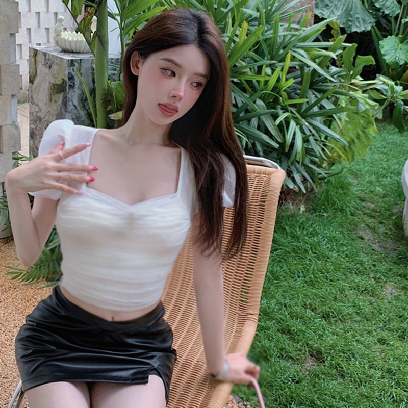 Áo Croptop Tay Phồng Cổ Vuông Màu Sắc Trơn Phong Cách Hàn Quốc Cho Nữ