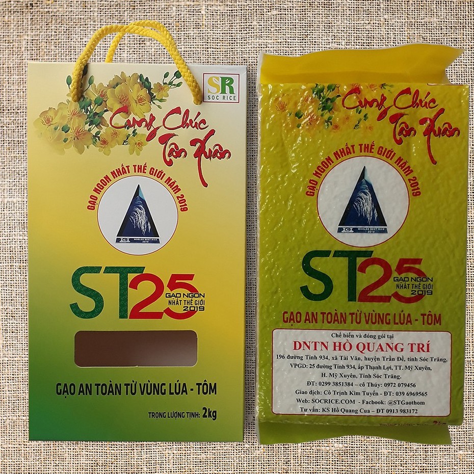 GẠO ST25 LÚA TÔM hộp 2kg - Chính hãng ông Cua - Gạo ngon nhất thế giới 2019 - Quà biếu lễ Tết