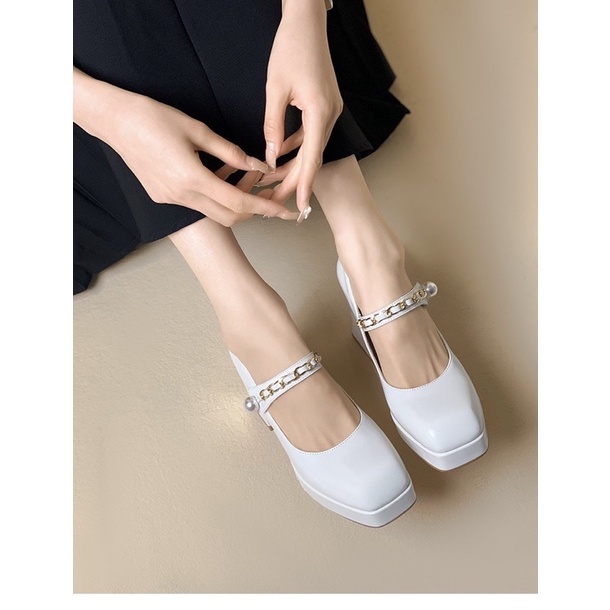 _ Giày cao gót nữ quai dán phối móc xích trẻ trung , năng động