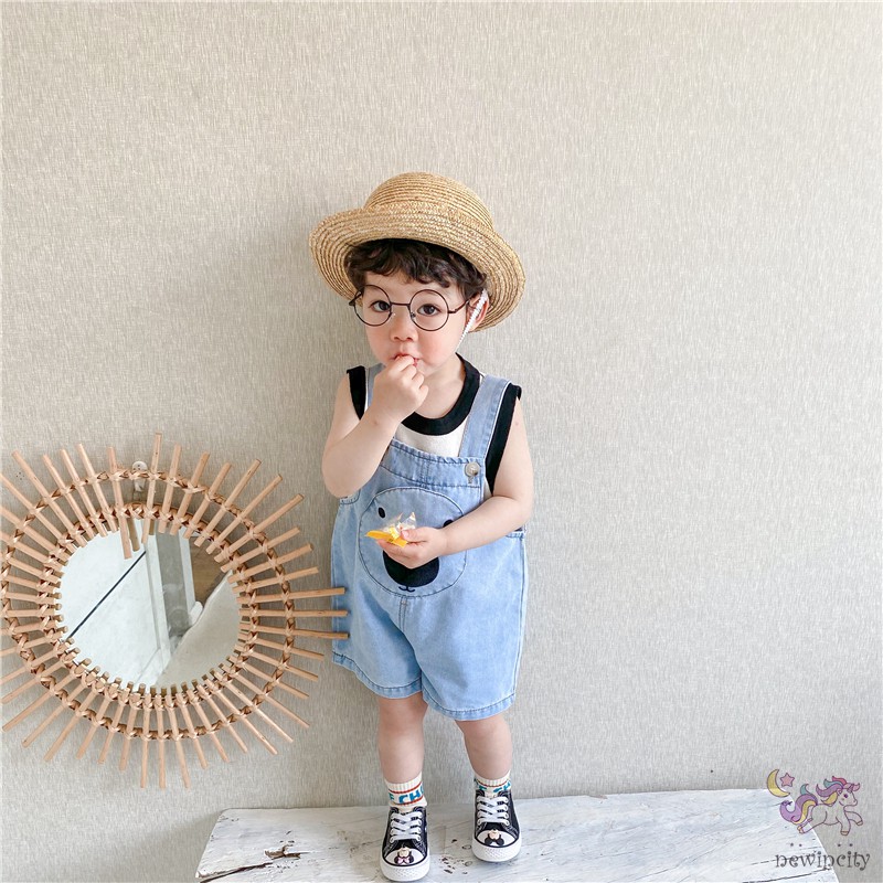 Quần yếm denim thêu họa tiết gấu ngộ nghĩnh đáng yêu phong cách Hàn Quốc thời trang cho bé