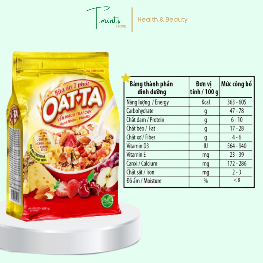 Ngũ Cốc OATTA Vàng Yến Mạch Trái Cây Hạnh Nhân Phô Mai, Giảm Cân, Ăn Kiêng, Ăn Sáng, Bữa Ăn 1 Phút 800g