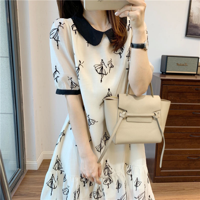 Đầm RENJIANVSHENG 15423 tay ngắn cổ búp bê màu sắc tương phản xinh xắn
