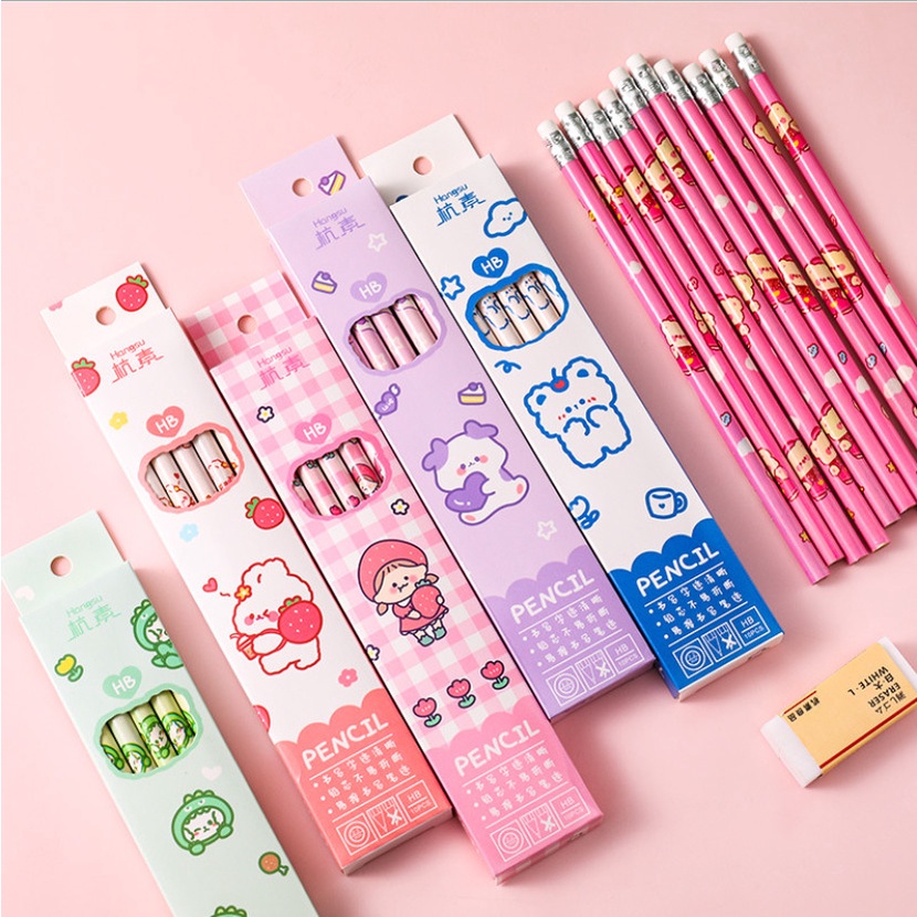 Set 10 bút viết dáng tròn HB hình cute cao cấp cho học sinh học tập văn phòng có đầu tẩy