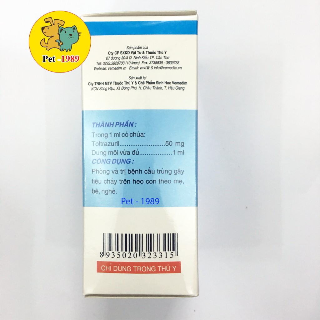 Vicox Toltra Dạng Xịt CHAI 120 ml.Phòng và diệt cầu trùng (phân sáp, phân nâu, phân máu) Heo con, nghé, bê . Pet-1989