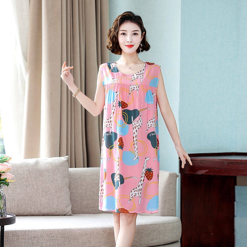 Đồ ngủ Cotton Lụa Mùa Hè Dáng Rộng Không Tay In Họa Tiết Đơn Giản Cho Người Lớn Tuổi Trung Niên 2022