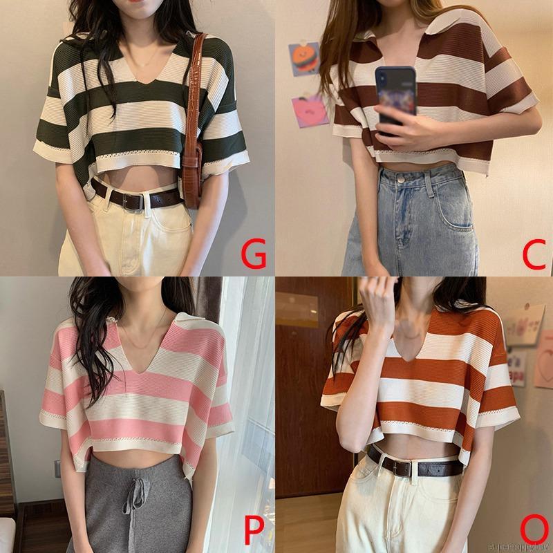 Áo croptop dáng rộng tay ngắn cổ chữ V họa tiết sọc thời trang thường ngày cho nữ