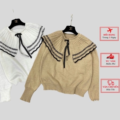 Áo len lông thỏ nữ công sở cổ nơ bèo viền ulzzang Hàn Quốc phong cách tiểu thư bánh bèo