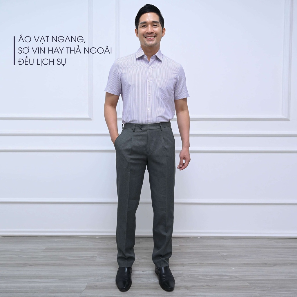 Áo Sơ Mi Nam Ngắn Tay Trung Niên ANCHI Cotton Ấn Độ Cao Cấp Hoạ Tiết Sọc Tím