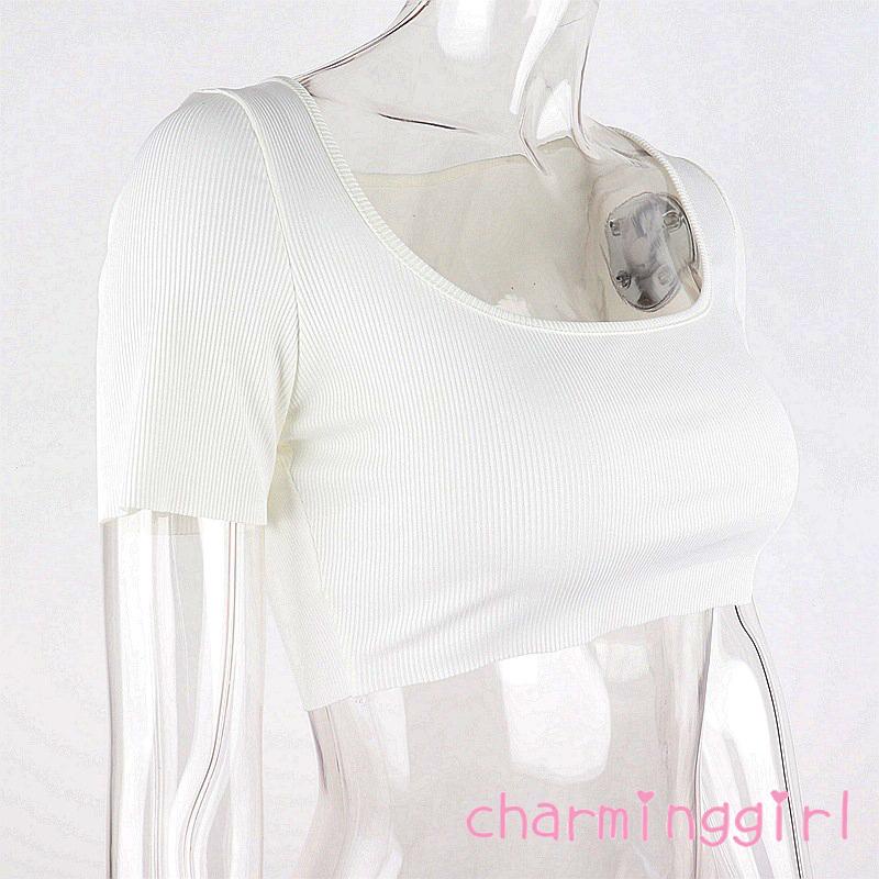 Áo thun tay ngắn cổ vuông màu sắc đơn giản dành cho nữ