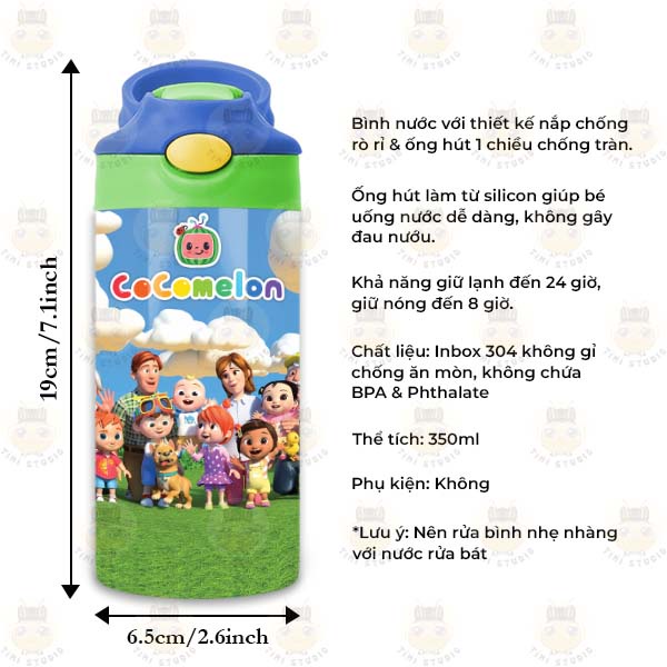 Bình Uống Nước Giữ Nhiệt Cho Bé Có Ống Hút Hình Cocomelon - Tỉ Mỉ Studio - Mã 1407KT01