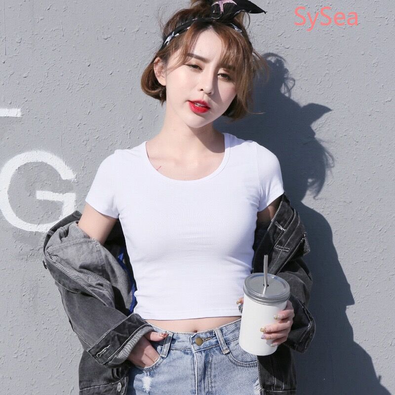 Áo croptop dáng ôm ngắn tay cổ tròn màu trơn trẻ trung đơn giản