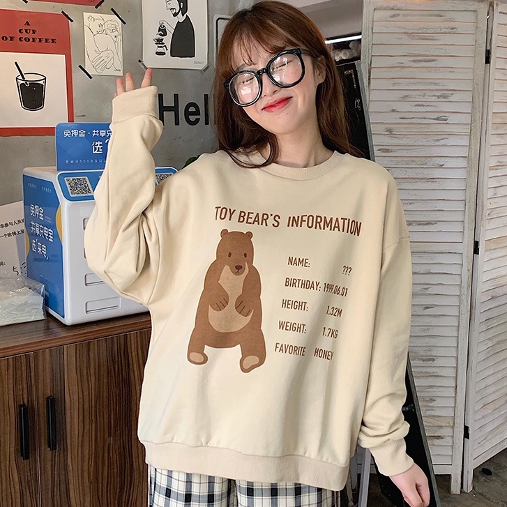 SUXI Áo Sweater Cổ Tròn Tay Dài Dáng Rộng In Hình Gấu Thời Trang