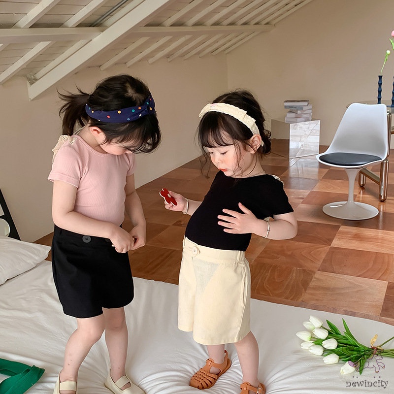 Áo Thun Tay Ngắn Phối Ren Và Nơ Dễ Thương Phong Cách Hàn Quốc Cho Bé Gái