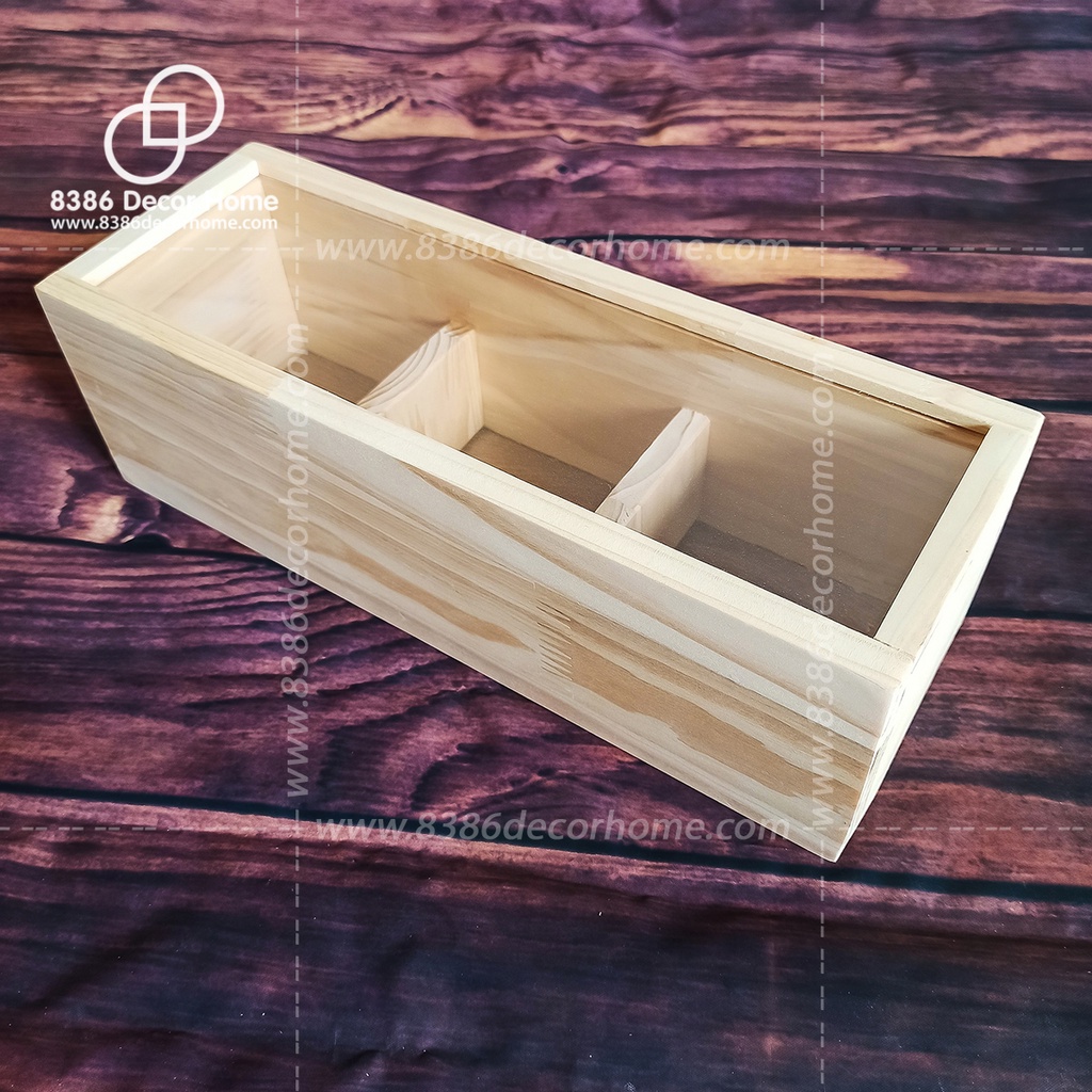 Khay gói quà bằng gỗ pallet/ hộp gỗ 3 ngăn đựng quà tết mặt mica trong suốt (nhận kích thước theo yêu cầu)