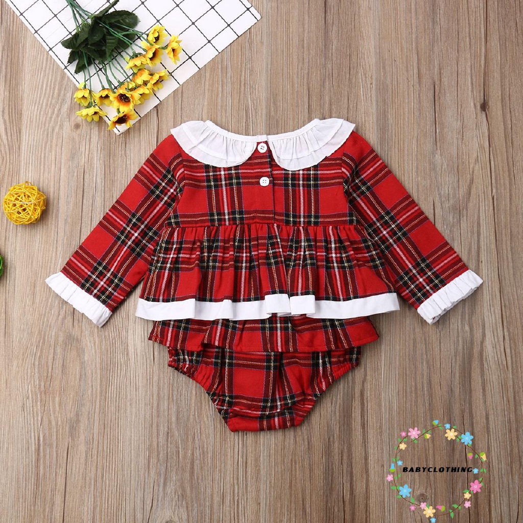 Áo liền quần dạng đầm tay dài họa tiết caro màu đỏ xinh xắn cho bé gái