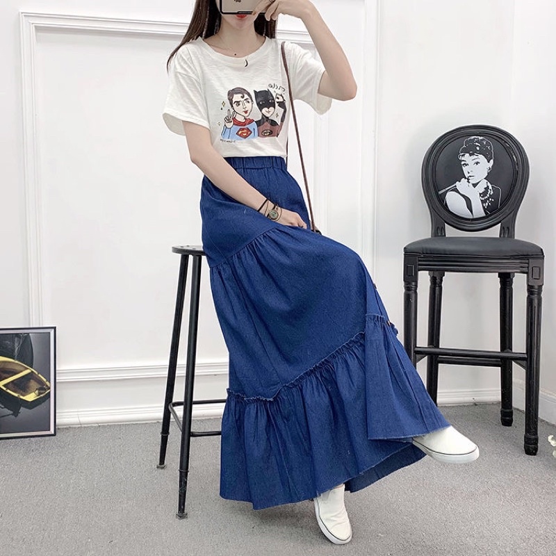 | Chân váy jean dài phong cách boho  🌸