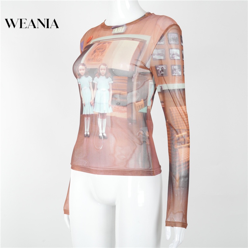 Áo Thun Tay Dài Phối Lưới In Họa Tiết Nghệ Thuật Thời Trang Cho Nữ