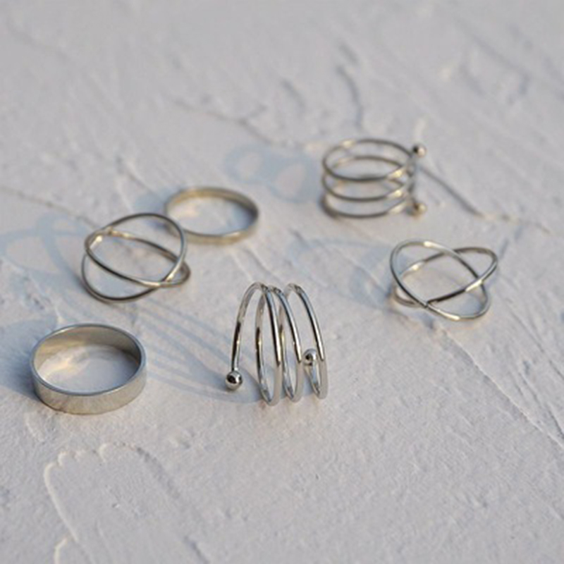 Redbud Punk Retro Silver Finger Knuckle Open Rings 6 Pcs/set Simple Round Ring Women Accessories Jewelry Best Gift