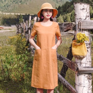 Váy xuông Linen chất đẹp màu cà rốt độc lạ [ tay ngắn không sd khoá]