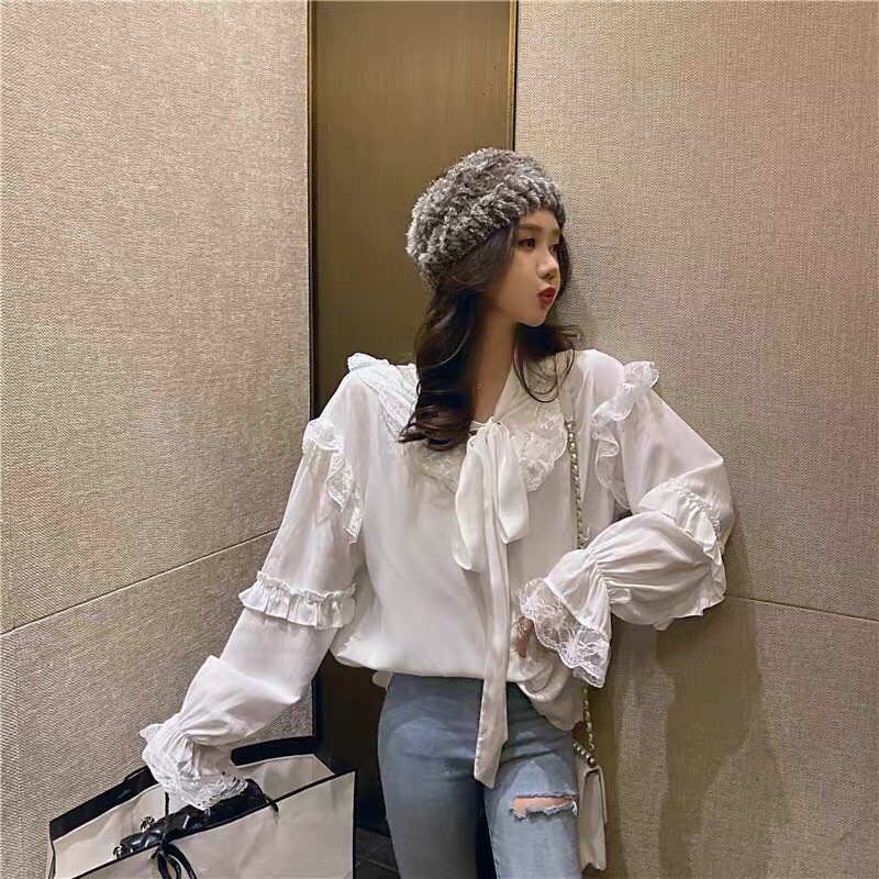 ÁO SƠMI CÔNG SỞ 🎀 CỔ THẮT DÂY NƠ VIỀN REN 🎀🎀 TAY LOE NỮ TÍNH DỄ THƯƠNG PHONG CÁCH HÀN QUỐC