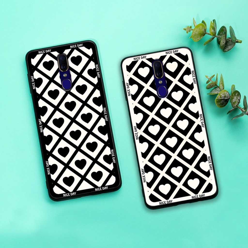 Ốp lưng Oppo F11 / Oppo F11 Pro in hoạ tiết caro trái tim đen trắng, gấu bear cute đáng yêu