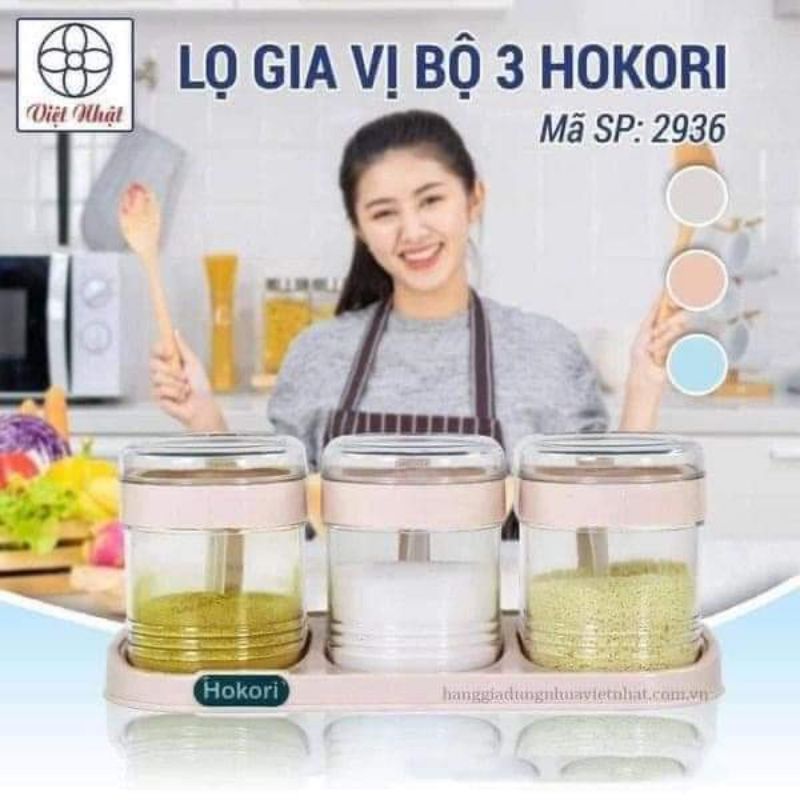 BỘ 3 HŨ ĐỰNG GIA VỊ HOKORI KÈM KHAY