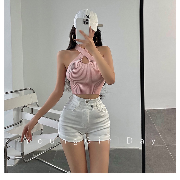 (có ảnh thật)Áo croptop cổ yếm len gân đơn sắc dành cho nữ hàng Quảng Châu