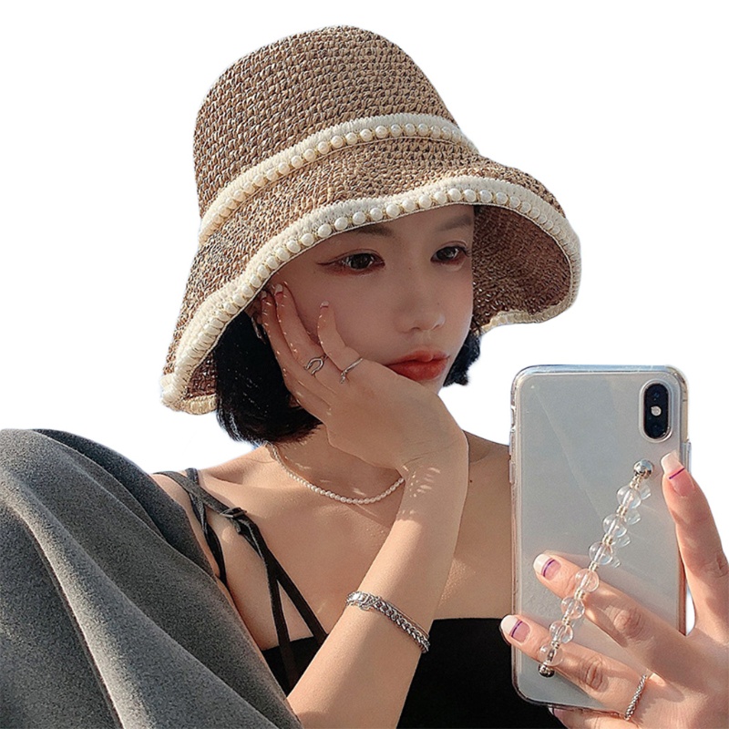 Han Chic Mũ Rơm Chống Nắng Đính Hạt Ngọc Trai Gấp Gọn Được Cho Đi Du Lịch Bãi Biển Giảm Tia UV Harm