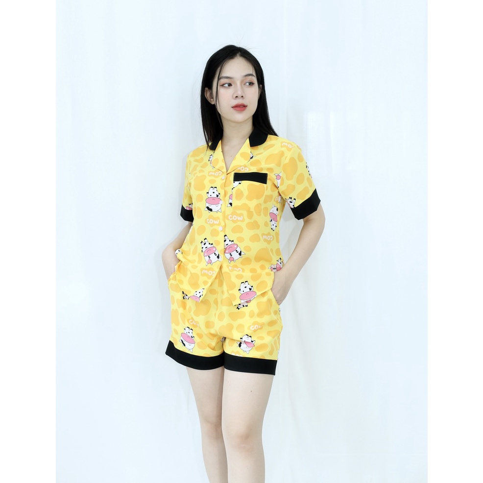 [HÌNH THẬT 100%]  Bộ đồ bộ ngắn MÀU VÀNG CON THÚ CỰC XINH  - vải siêu lụa  - Cực Kì Sang Chảnh