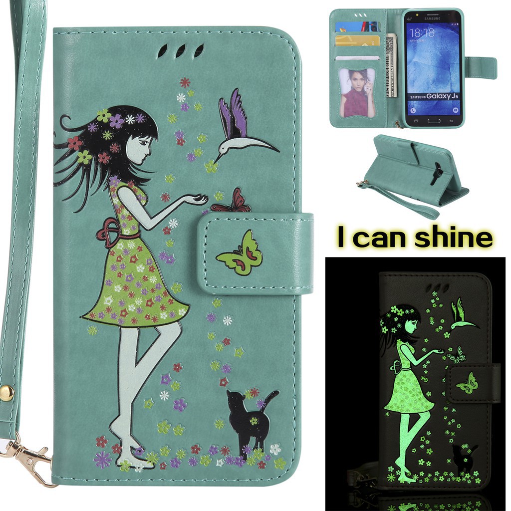 Bao da dạ quang họa tiết cô gái và mèo cho Samsung Galaxy J7 Prime