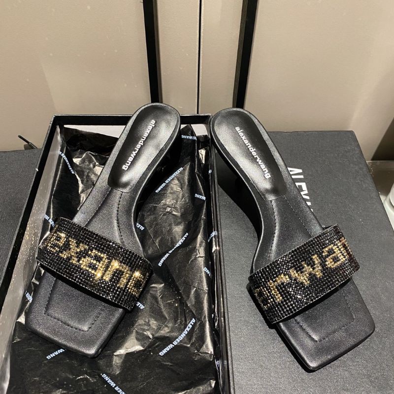 Guốc thời trang nữ mũi vuông quai ngang đính đá chữ Wang Alexander Wang AW gót 5cm