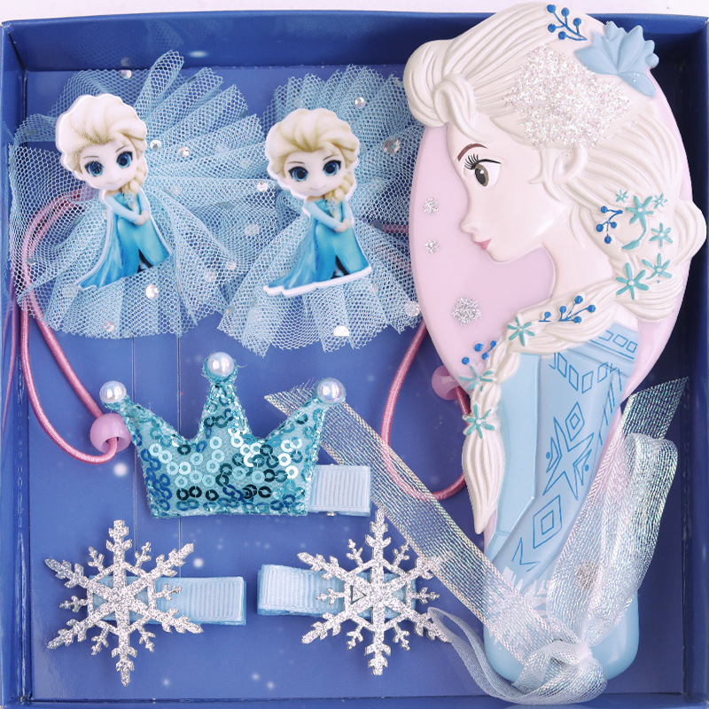 Bộ Lược + Kẹp Tóc + Dây Buộc Tóc Đính Nơ Hoạ Tiết Công Chúa Elsa Dễ Thương Cho Bé Gái Thích Hợp Làm Hộp Quà Tặng