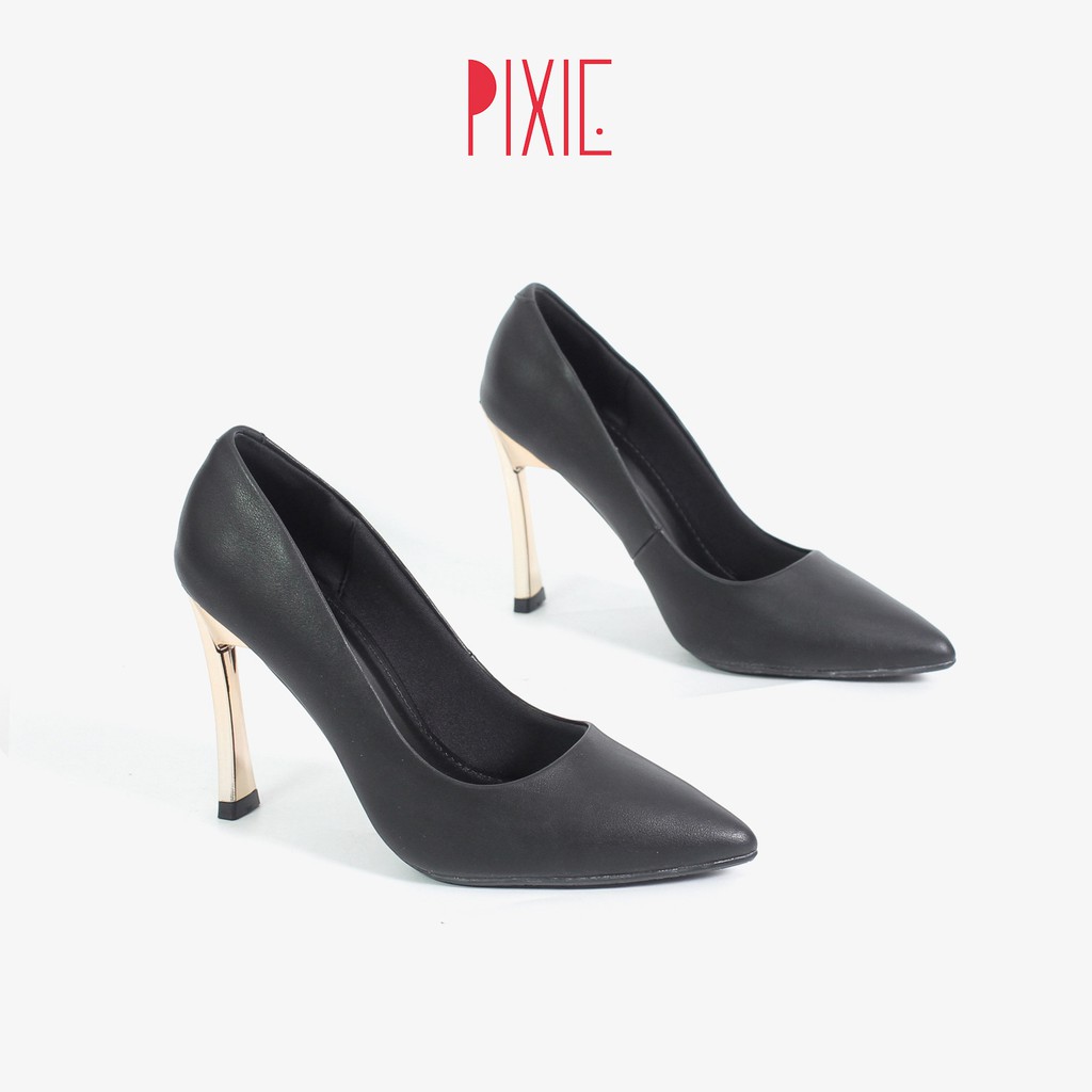 Giày Cao Gót 9cm Gót Vàng Mảnh Màu Đen Pixie X463