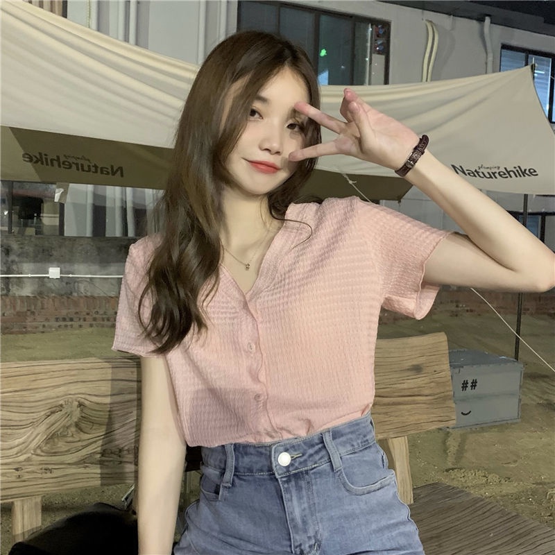 Áo Thun Tay Ngắn Cổ Chữ V Thời Trang Hàn Quốc Sành Điệu Cho Nữ