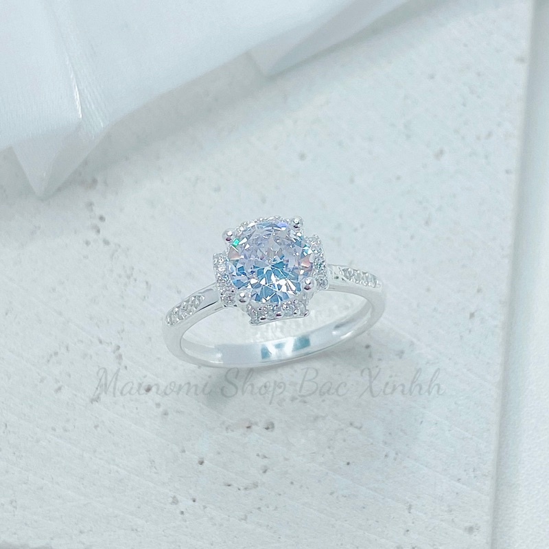 Nhẫn đá cao hoa đá viền m cánh vuông nhỏ tạo hình xinh xắn sang xịn Mainomi Shop Bạc Xinh