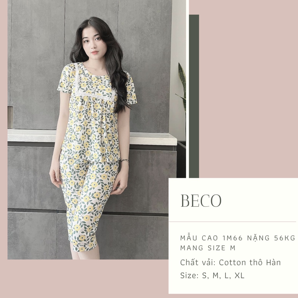 Đồ mặc nhà lửng chất vải cotton thô Hàn họa tiết hoa vàng
