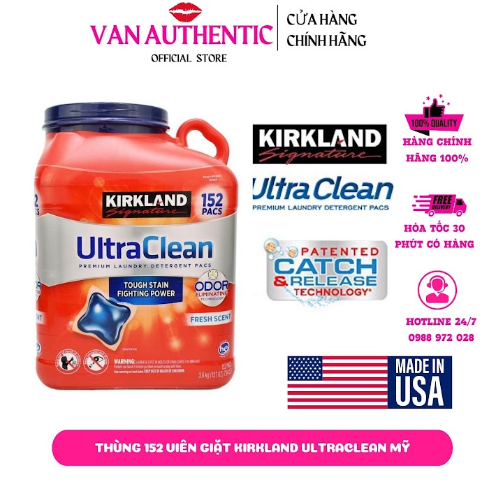 Thùng 152 Viên giặt Kirkland UltraClean Mỹ + Giặt Xả Giữ Màu Khử Mùi + Thơm mềm vải