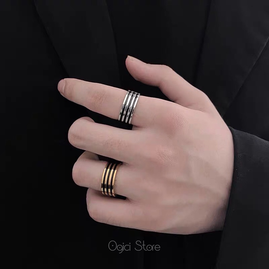 Nhẫn nam nữ thép không gỉ thời trang, Nhẫn nam họa tiết kẻ ngang đơn giản cá tính mạnh thời trang hàn quốc, Unisex