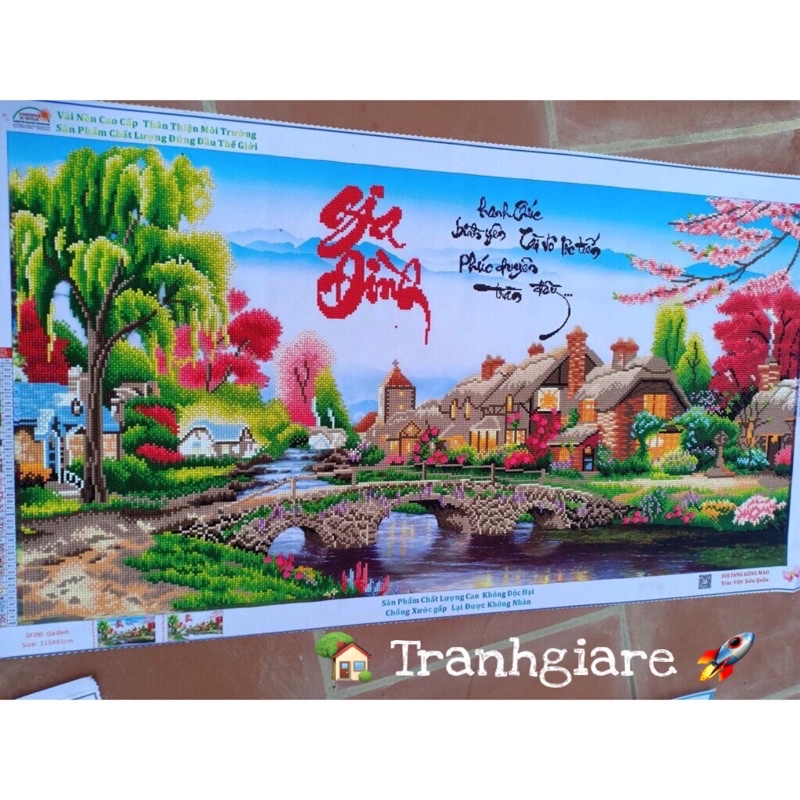 Tranh đính đá thư pháp phong cảnh gia đình,Tranh đính đá tự làm, tranh trang trí