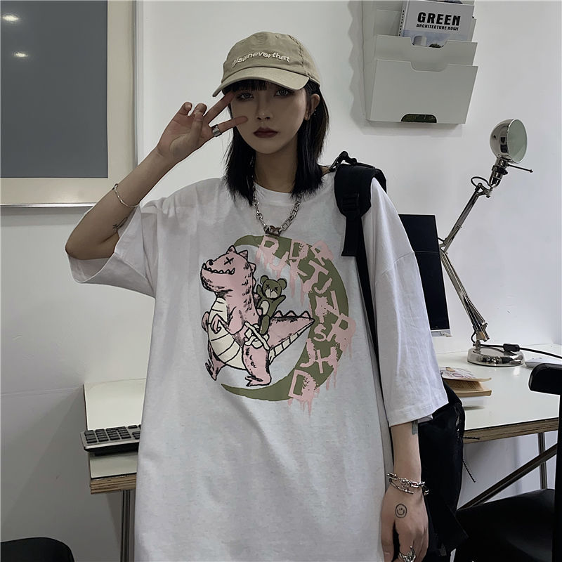 [L&Q]                    2021 New Summer Short-sleeved Female Student Han Harajuku Style Retro All-match T-shirt Oversized Shirt for Women Tops