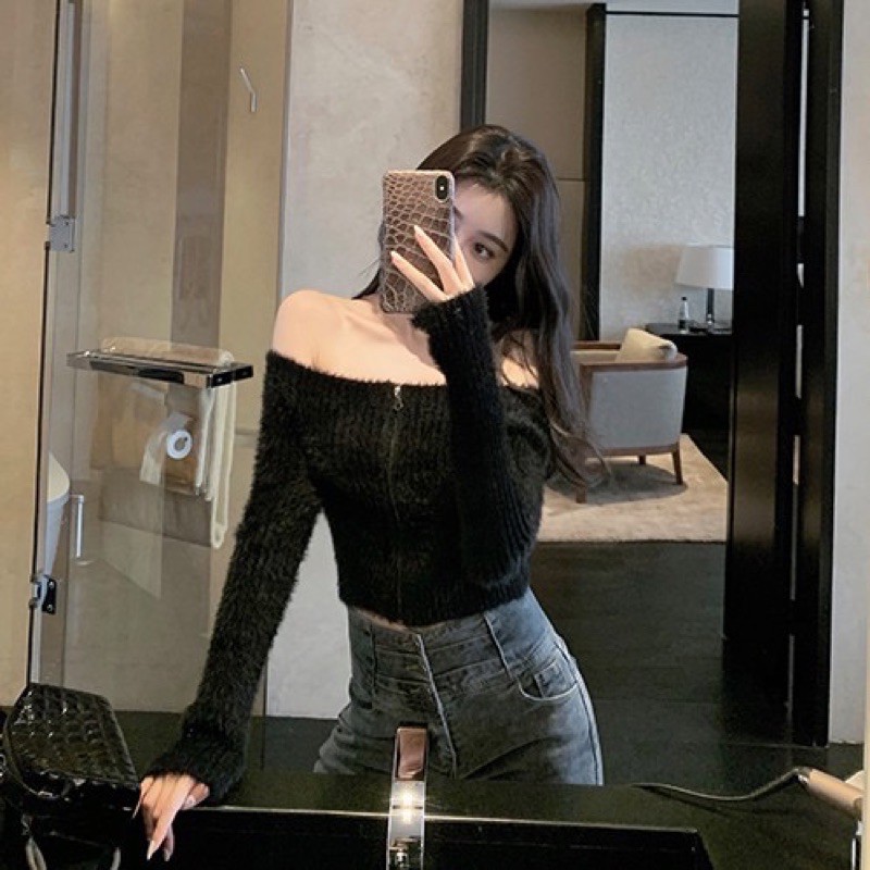 Áo lông trễ vai tay dài