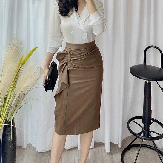 Chân Váy Công Sở Bút Chì Kiểu nhún 3 Cúc sẻ Sau Chất Đẹp Co Dãn Nhẹ