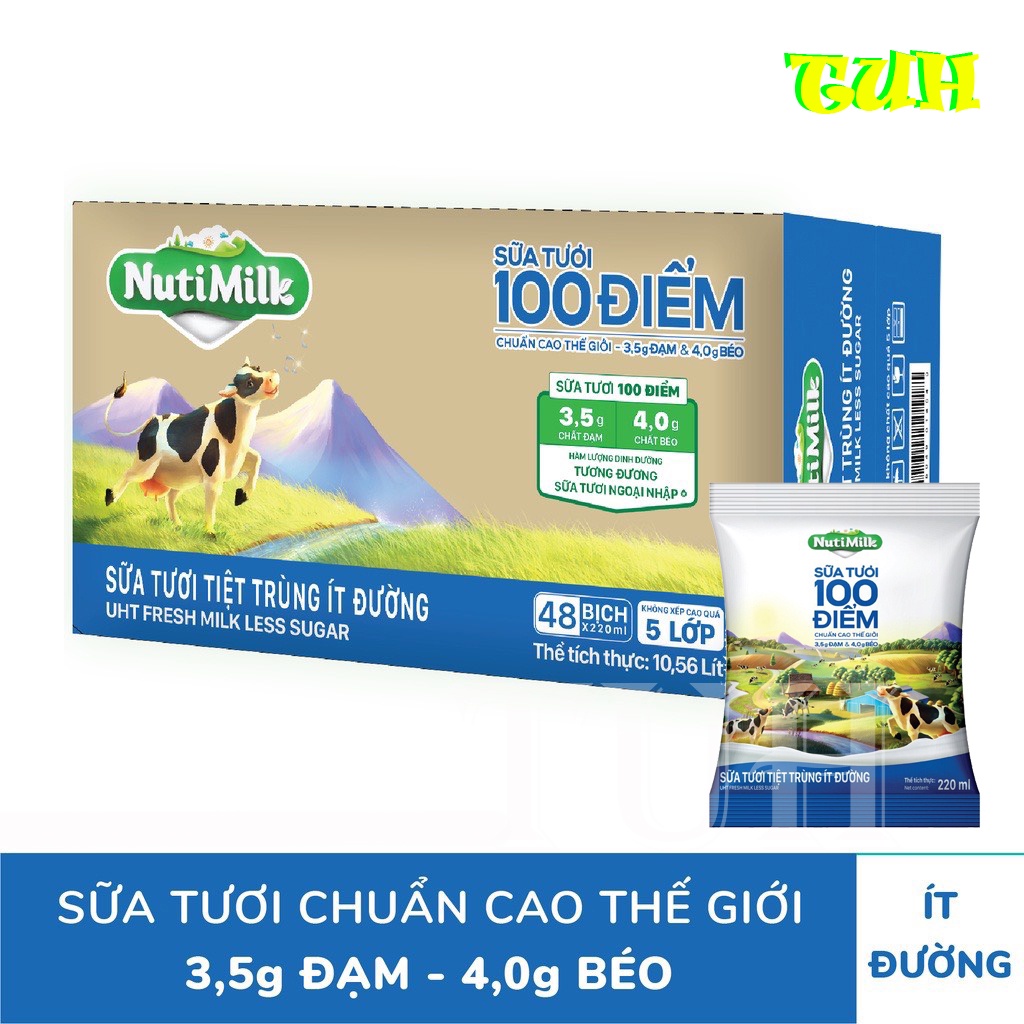 Thùng 48 Bịch NutiMilk Sữa tươi 100 điểm ít đường 220ml/bịch-TUH