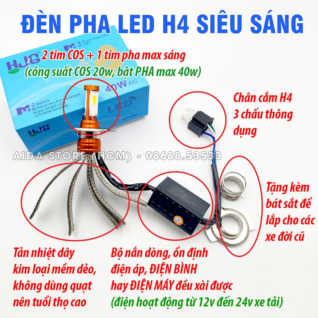 01 bóng LED pha H4 siêu sáng 3 tim tản nhiệt đuôi công AC-DC 12v-24v 40w