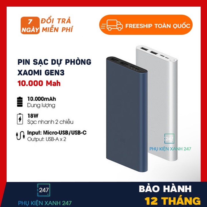 Pin sạc dự phòng ⚡️ 𝐅𝐑𝐄𝐄 𝐒𝐇𝐈𝐏 ⚡️ Mi Gen 3 dung lượng 10000mah, sạc siêu nhanh, an toàn cho pin điện thoại