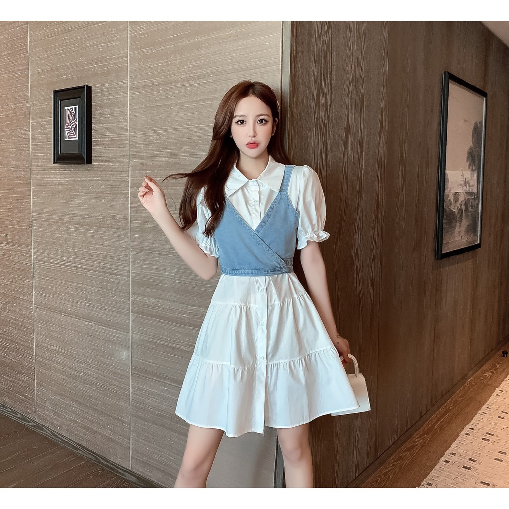 Váy nữ Set đầm sơ mi tay bo phồng + áo yếm denim duyên dáng dành cho phái đẹp 2020 có bán lẻ Váy | BigBuy360 - bigbuy360.vn